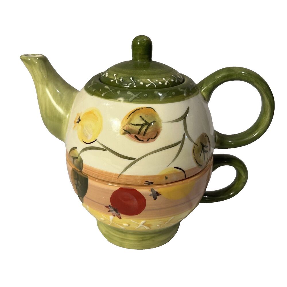 Vintage Gibson 3 Piece Stackable Tea Set for One Green and colorful